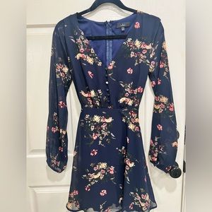 Lulus Always Yours Navy Blue Floral Print Long Sleeve Skater Dress
